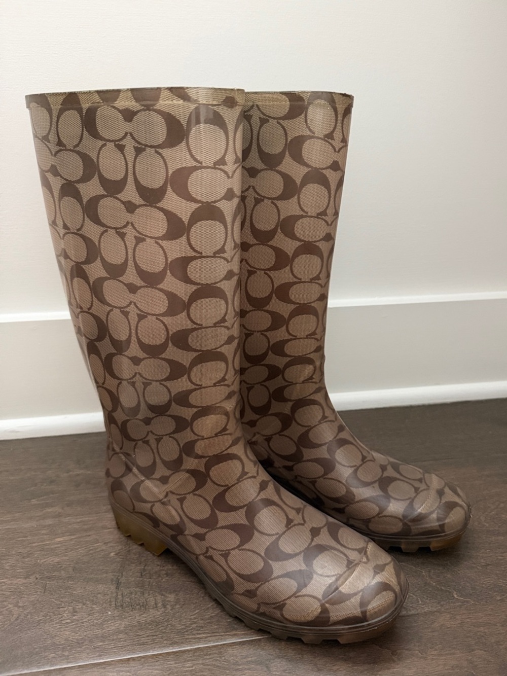 Coach Brown Signature Pattern Rain Boots - Women's Tall Waterproof